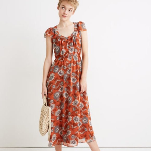 Madewell Dresses & Skirts - NWT Madewell Orange with Flower Midi Dress Size 10